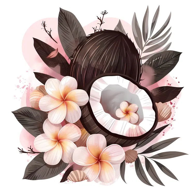 Coconut with Flowers and Shells