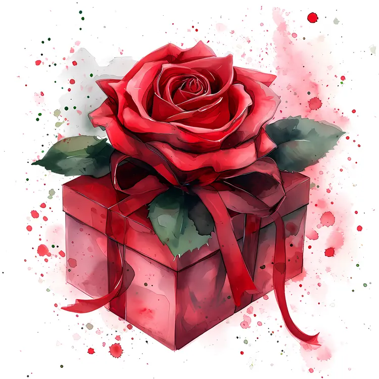 Red Rose on Gift Box with Ribbon