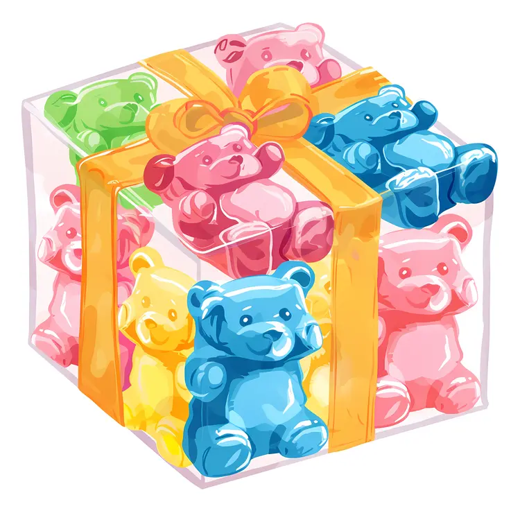 Colorful Gummy Bears in a Transparent Gift Box