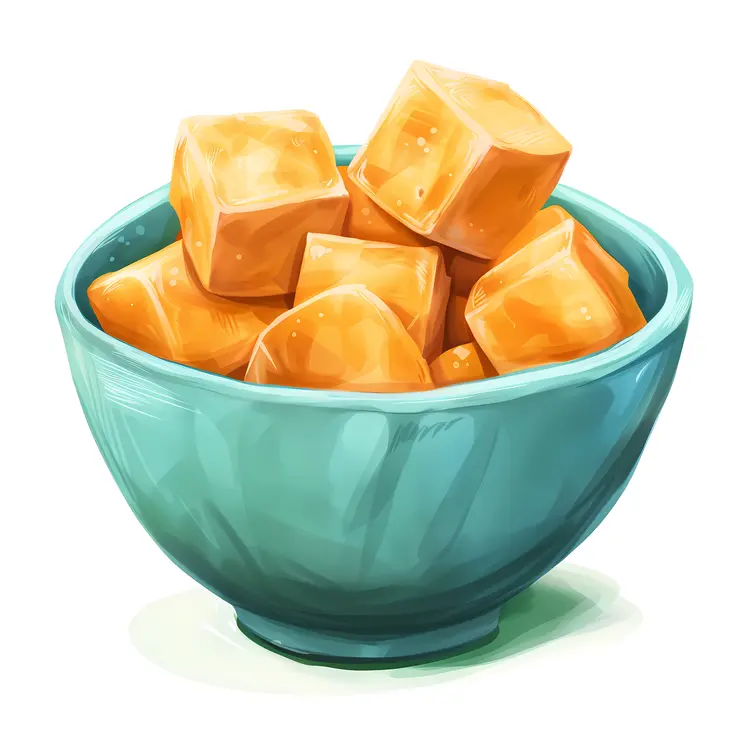 Orange Tofu Cubes in Blue Bowl