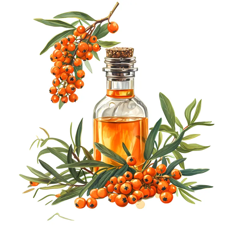Orange Berries and Oil Bottle with Green Leaves