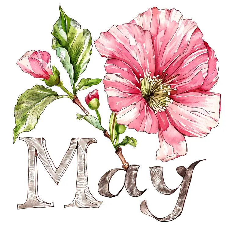 May Text with Pink Flower and Leaves