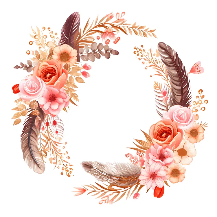 Peach and Pink Floral Wreath with Feathers