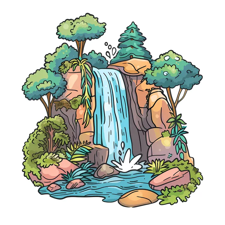 Cartoon Waterfall with Lush Greenery