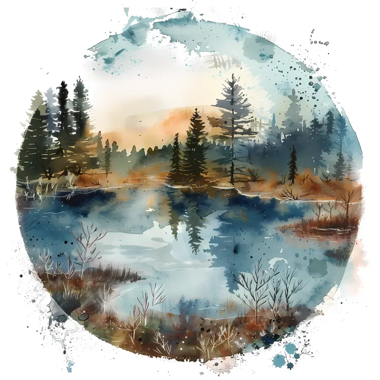 Watercolor Forest Lake Landscape