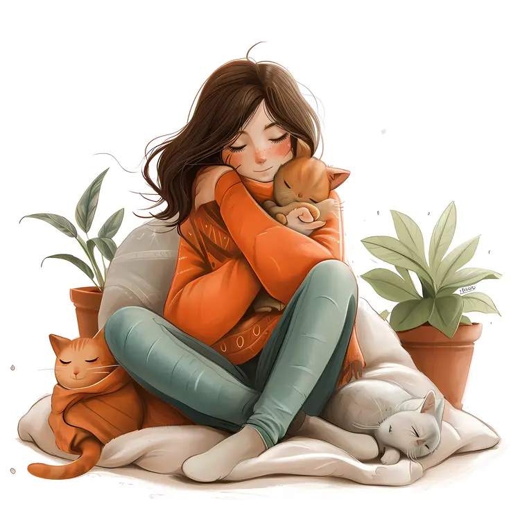Girl with Cats and Plants