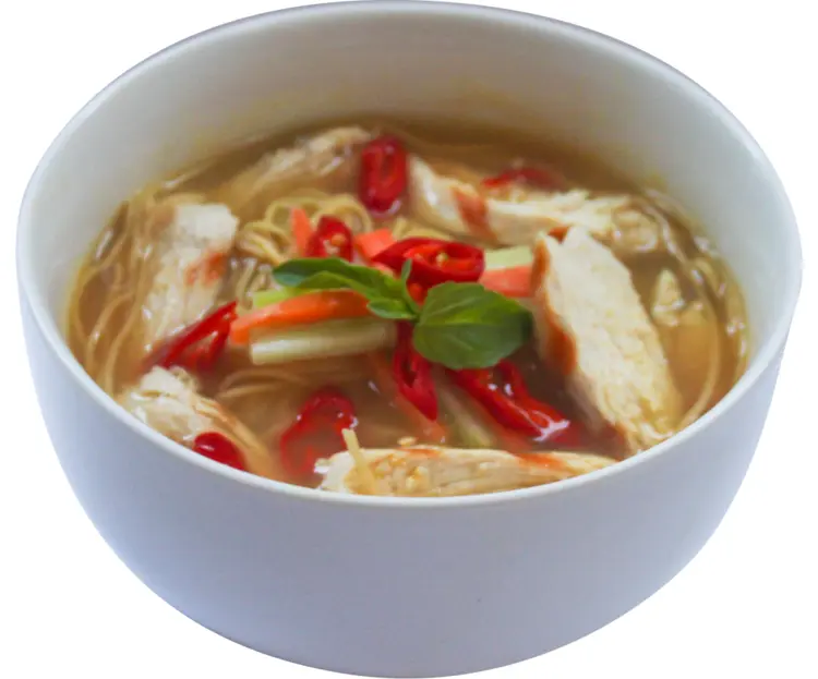 Spicy Chicken Noodle Soup in a White Bowl