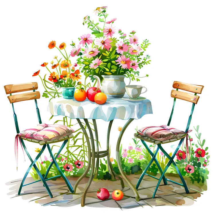 Garden Table with Flowers and Chairs