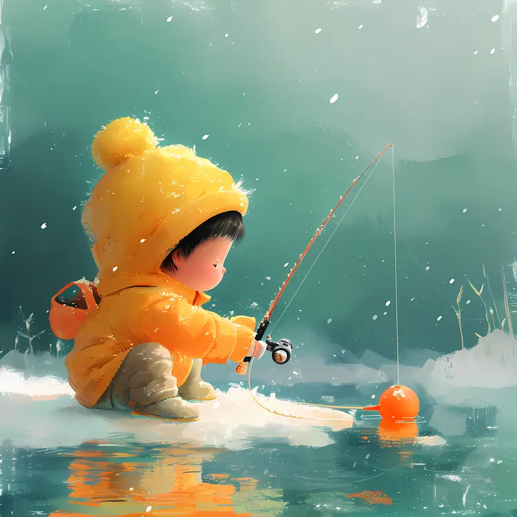 Cute Child Fishing in Snow