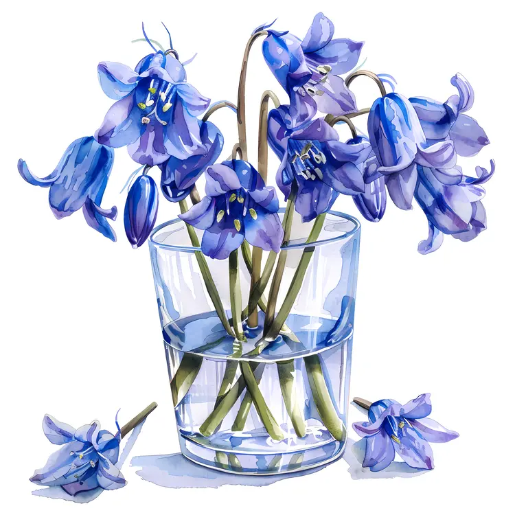 Detailed Blue Flowers in Glass Vase Illustration