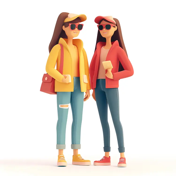 Mother and Child in 3D Illustration with Sunglasses and Caps
