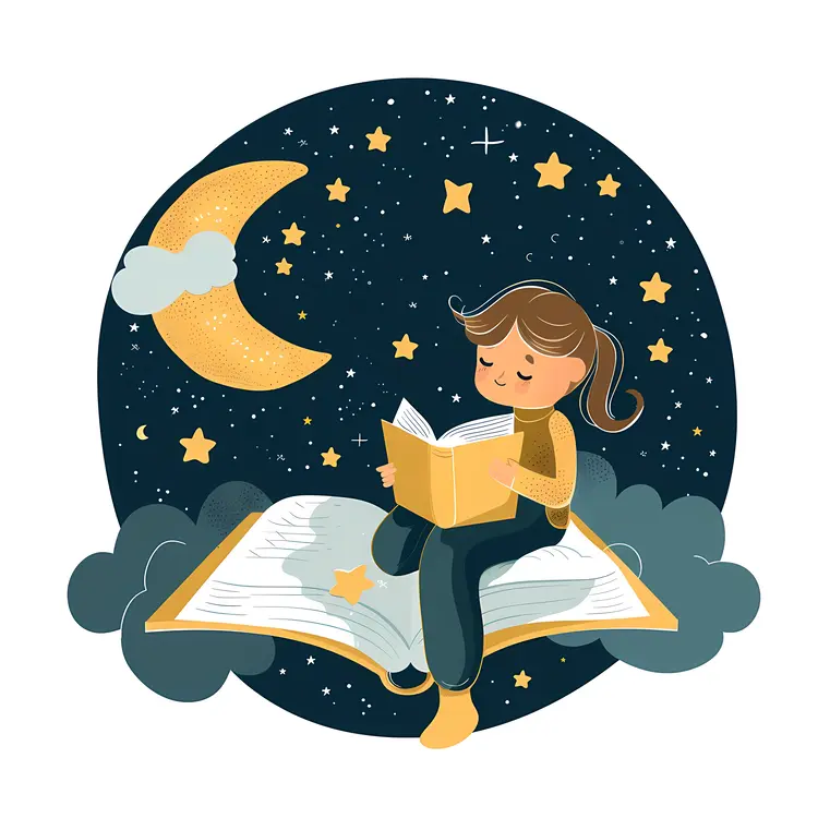 Girl Reading a Book at Night with Stars and Moon