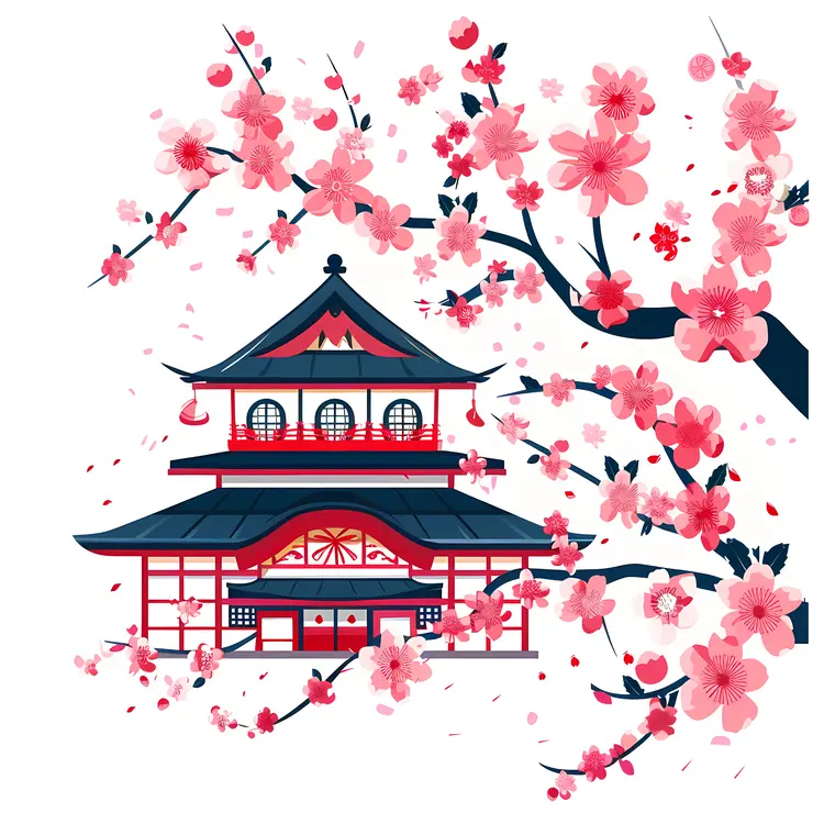 Cherry Blossom Temple with Blooming Tree