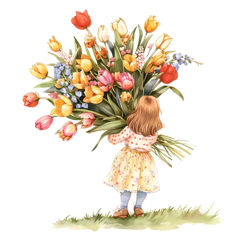 Cute Girl with Tulip Bouquet