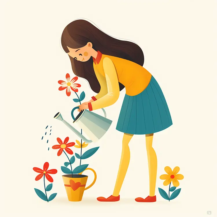 Girl Watering Flowers Cartoon