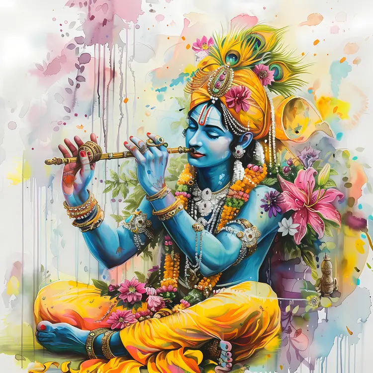 Blue Deity Playing Flute with Flowers