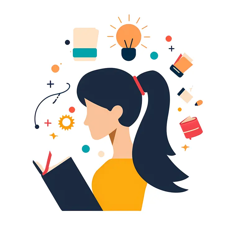 Woman Reading Book with Ideas and Light Bulb
