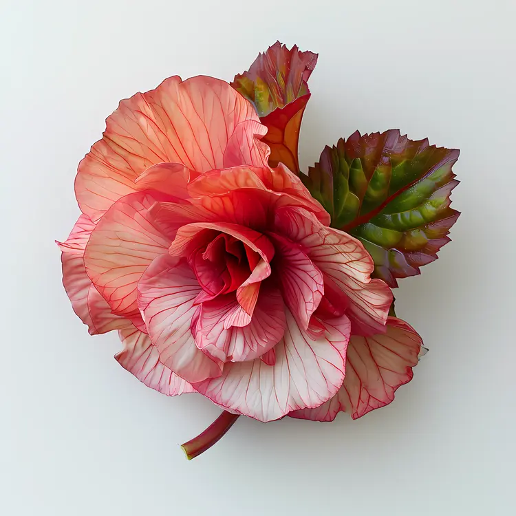 Close-up of a Red Begonia Flower with Green Leaves
