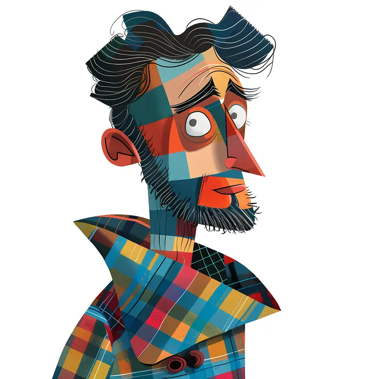 Man in Colorful Plaid Coat Cartoon Illustration