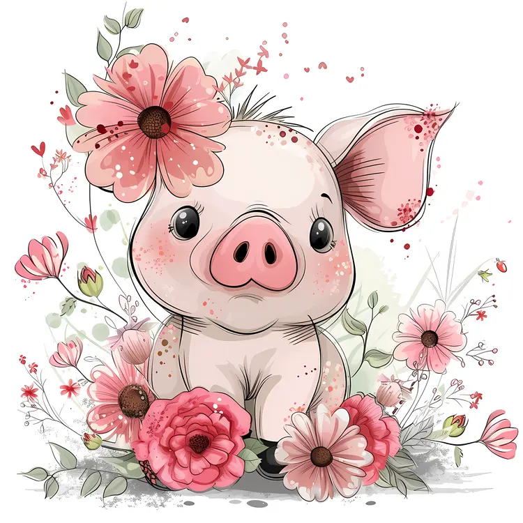 Cute Cartoon Piglet with Floral Accents