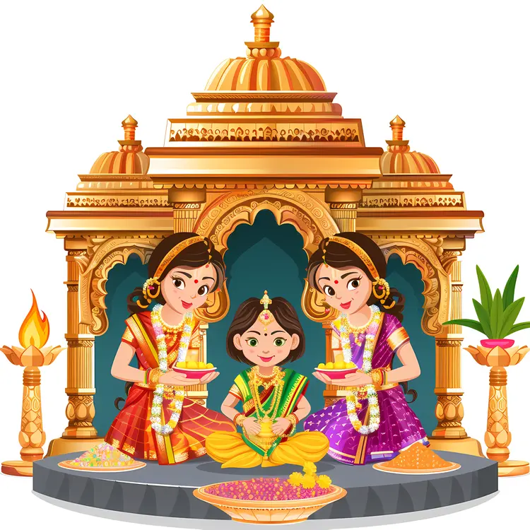 Temple with Women in Traditional Attire