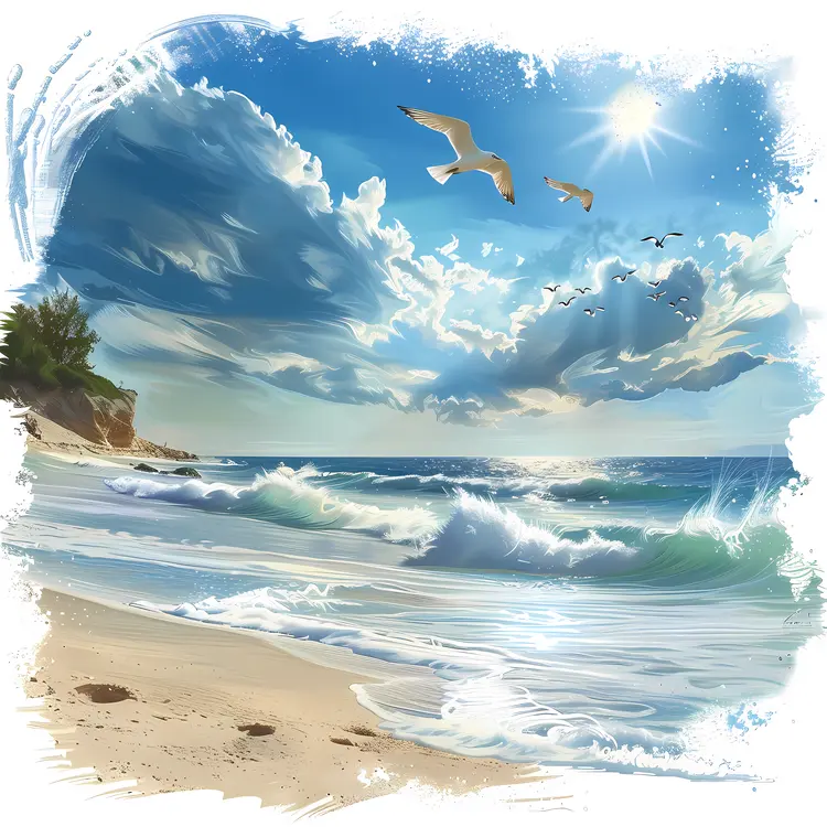 Sunny Beach Scene with Waves and Seagulls