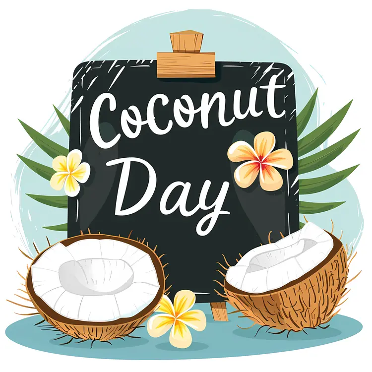 Coconut Day Celebration Sign with Tropical Flowers