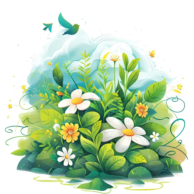 Floral Scene with Flowers and Leaves