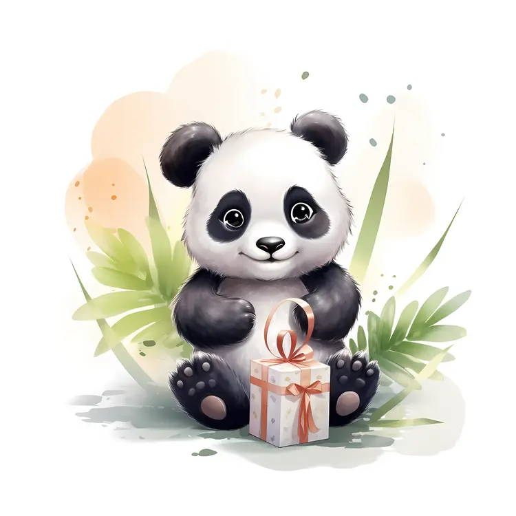 Cute Panda with Gift and Greenery