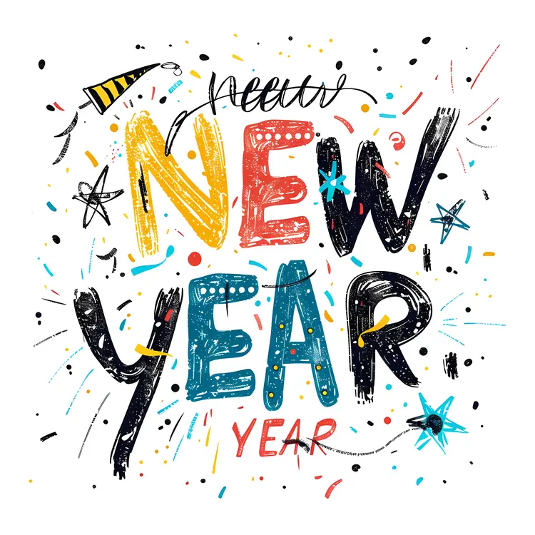 New Year Text with Confetti and Festive Elements