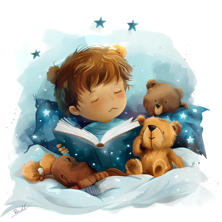 Boy Reading a Book with Teddy Bears