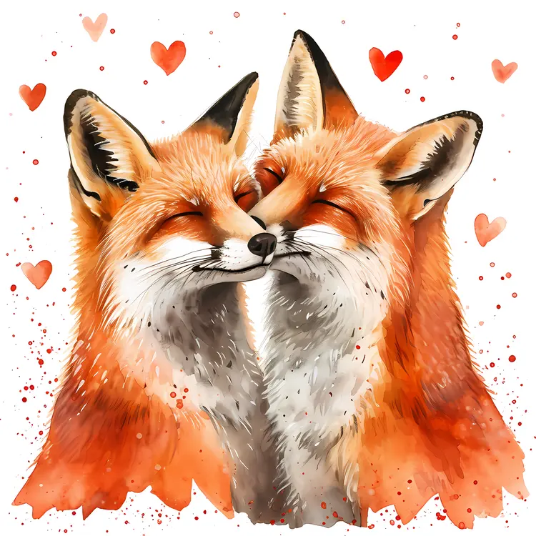 Fox Couple with Floating Hearts