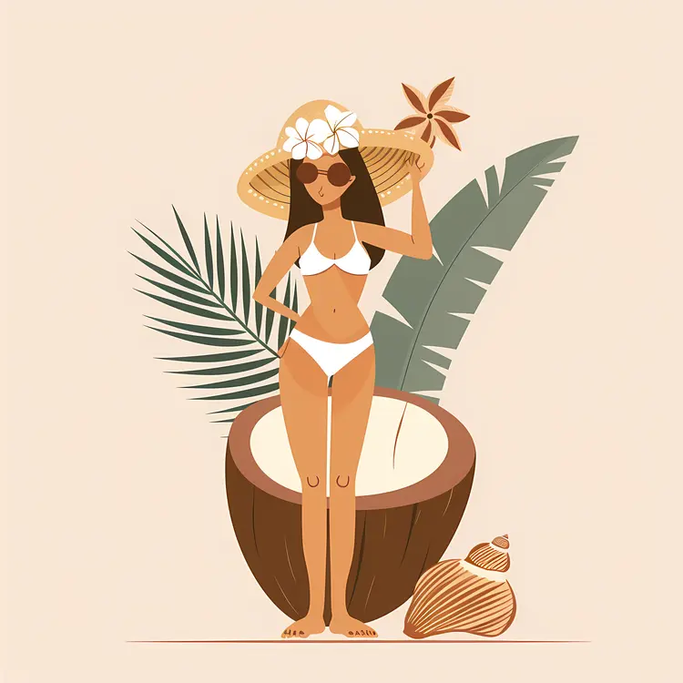 Woman in Bikini with Coconut and Flower