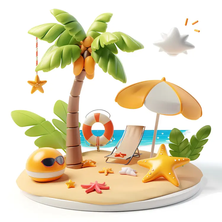 Tropical Beach Scene with Palm Tree and Umbrella