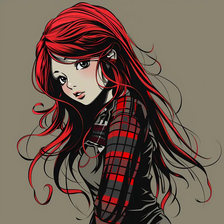 Anime style girl with red hair and plaid shirt