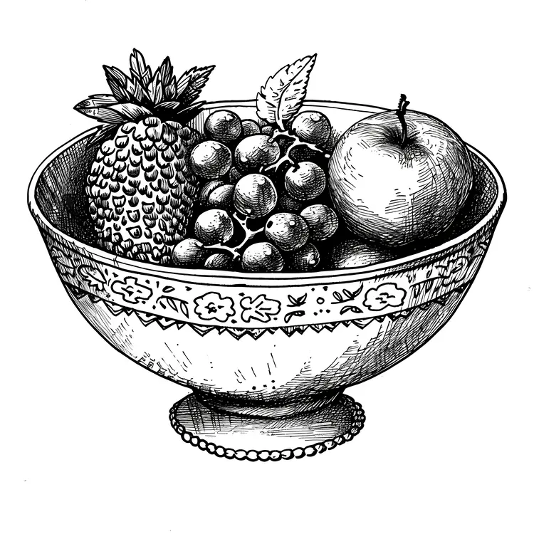 Black and White Fruit Bowl with Pineapple and Apple