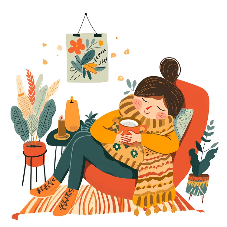 Woman Relaxing with Hot Drink and Blanket