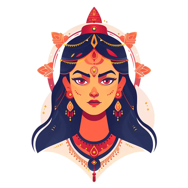 Ornate Goddess Illustration with Gold and Red Elements