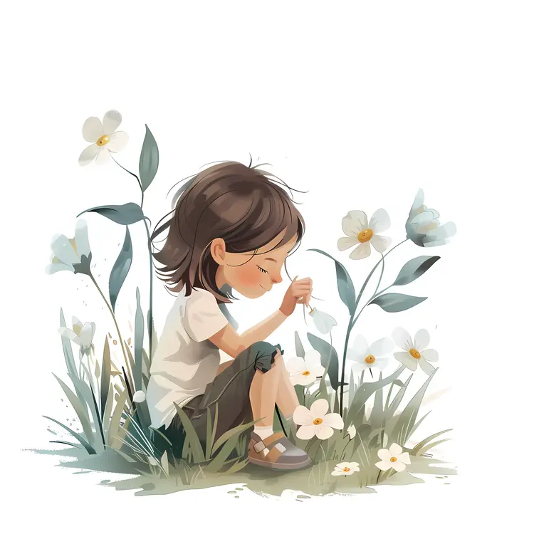 Girl Sitting Among White Flowers