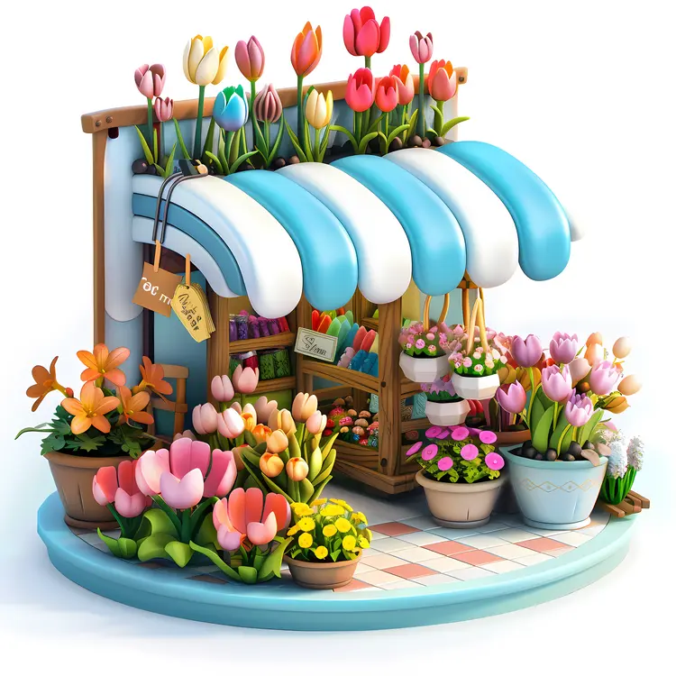Cute Flower Shop with Blue and White Awning