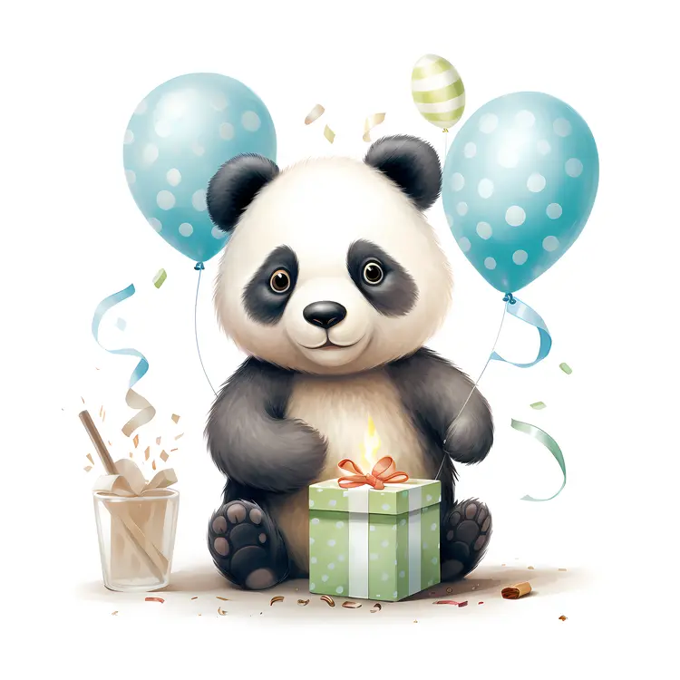 Cute Panda with Birthday Gift and Balloons