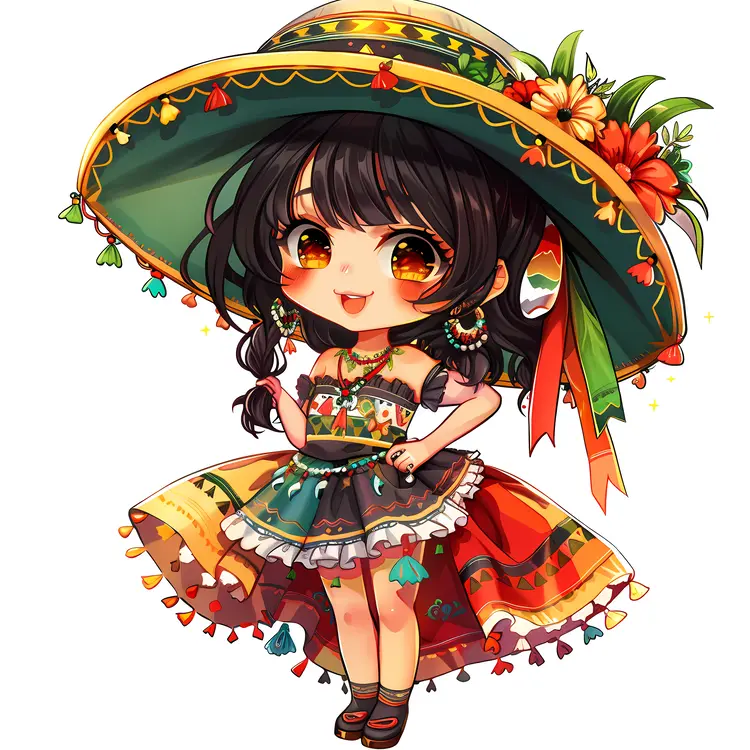 Cute Cartoon Girl in Sombrero and Dress