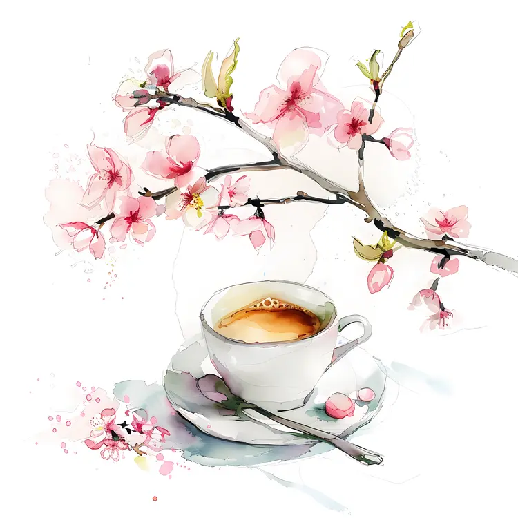 Coffee cup with cherry blossoms illustration