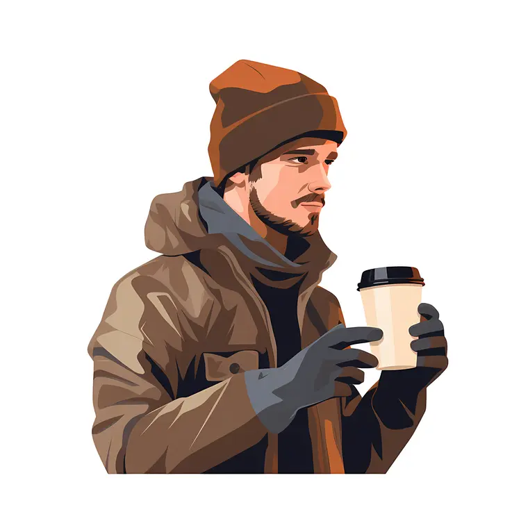 Man in Winter Clothing Holding Coffee Cup