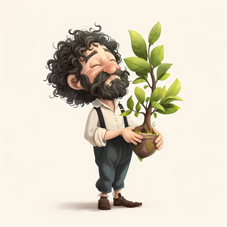 Cartoon Man Holding Potted Plant