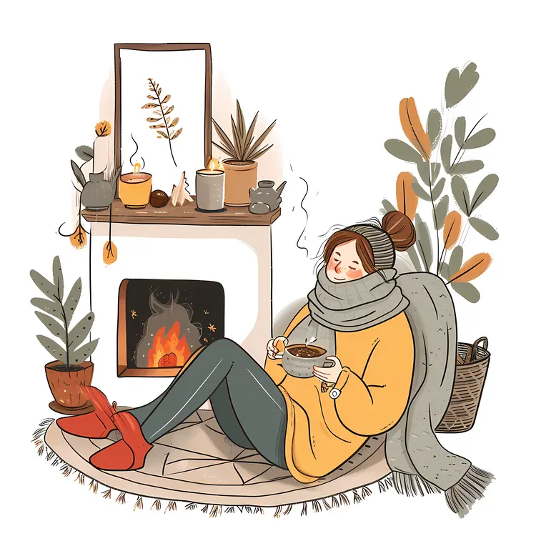 Cozy Woman with Hot Drink by the Fireplace