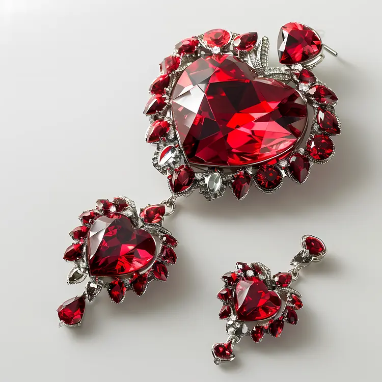Elegant Silver Brooch and Earrings with Red Heart-shaped Gems