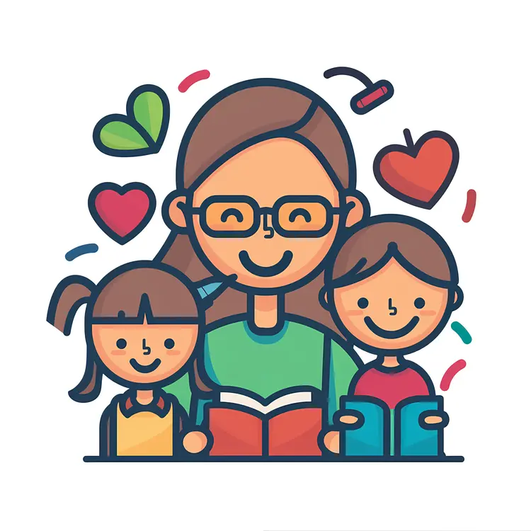 Teacher Reading with Kids Surrounded by Hearts