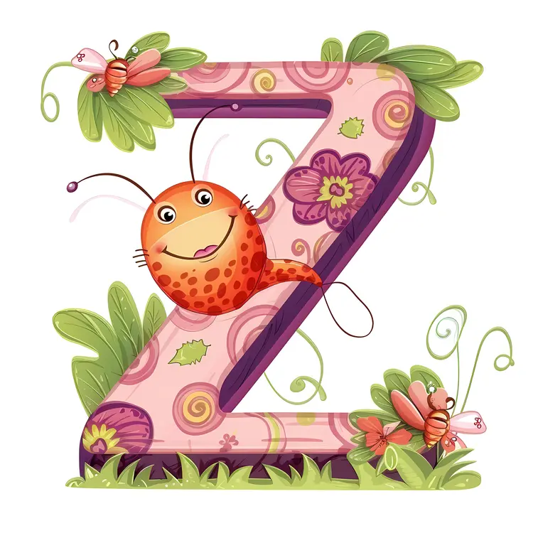 Letter Z with Smiling Bug and Flowers