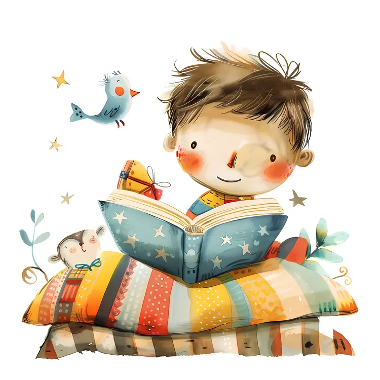Child Reading Book on Pillow